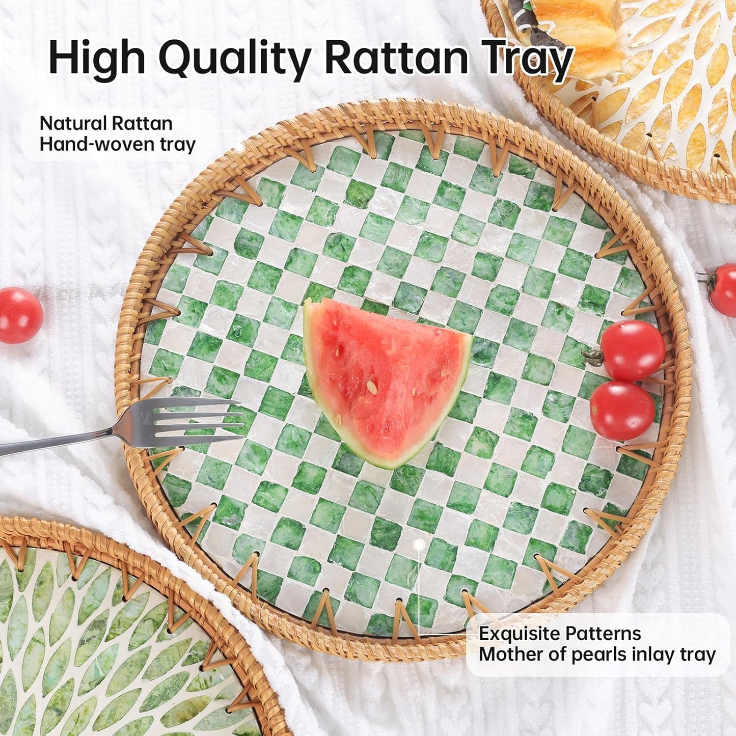 Round Rattan Tray with Mother of Pearl Inlay, Rattan Serving Tray for Coffee, Bread, Fruits, Decorative Wicker Tray for Table Decor, Home Decor, Kitchen Island Decor(Green Checkerboard, 11.8")