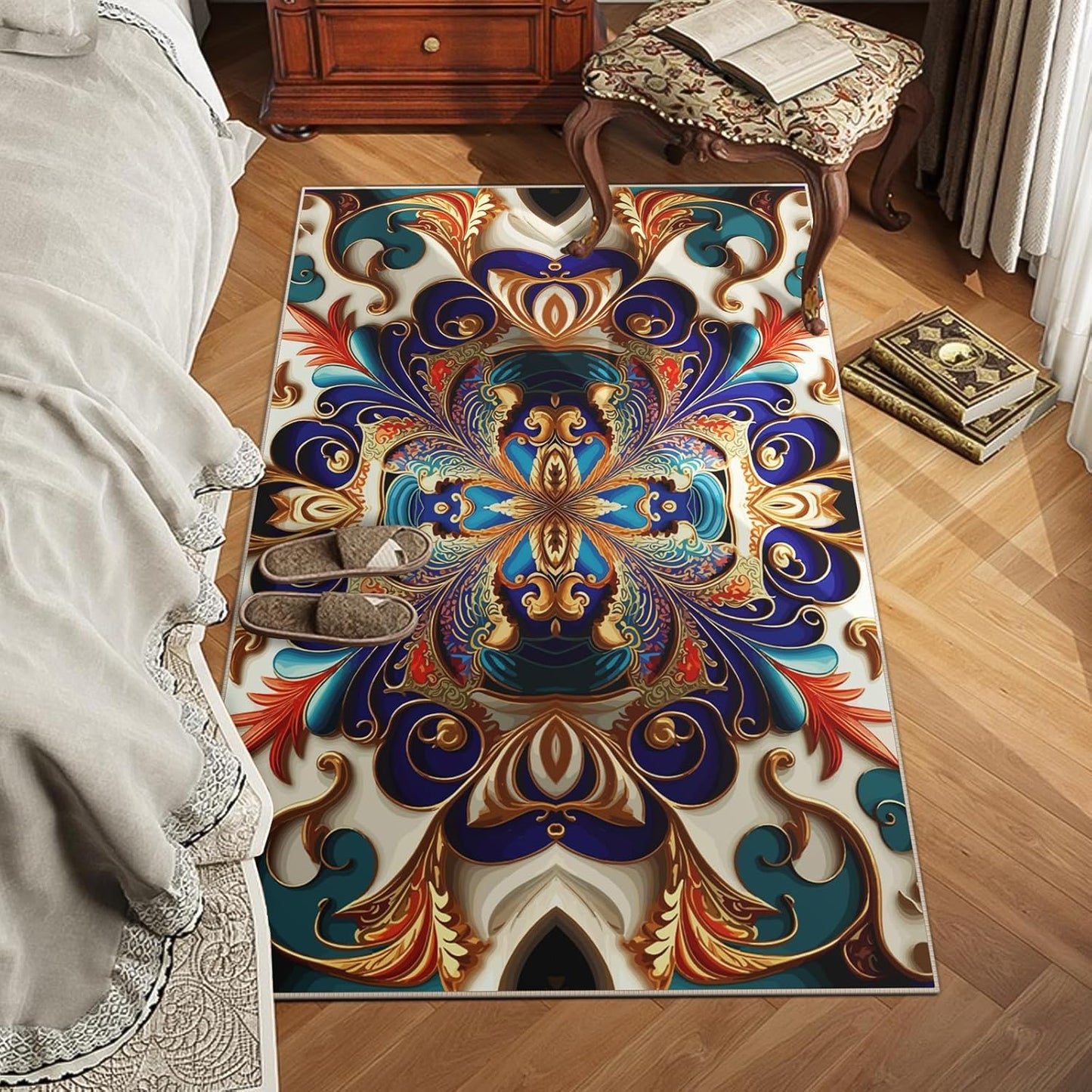 Washable Area Rug, Non-Slip Vintage Hallway Rug Runner with Upgrade Rubber Backing, Stain Resistant Faux Wool Distressed Carpet Runner for Bedroom Living Room Kitchen Laundry Entrance (70" x 55")