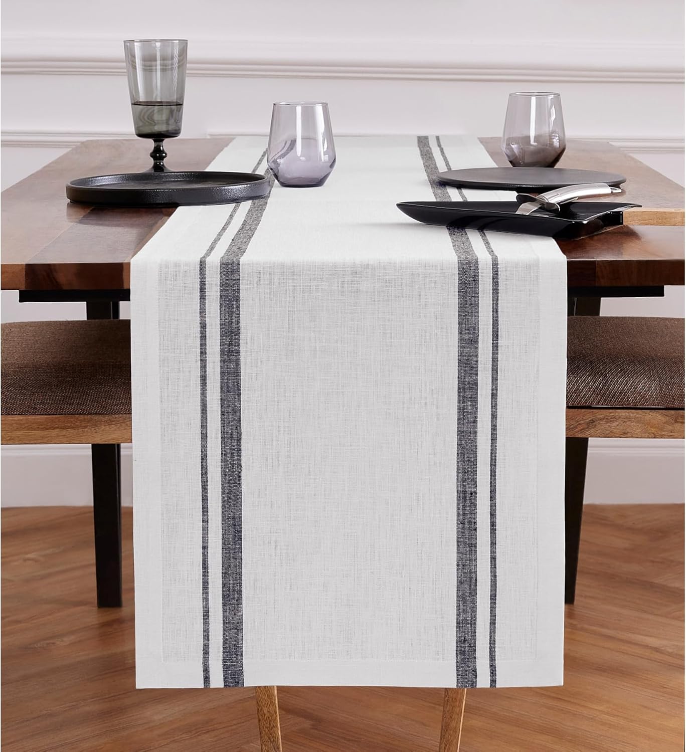 Solino Home Linen Table Runner 72 Inches Long - 100% Pure Linen Black and White French Stripe Table Runner 16 x 72 Inch for Dining, Dresser, Fall, Autumn, Halloween, Thanksgiving