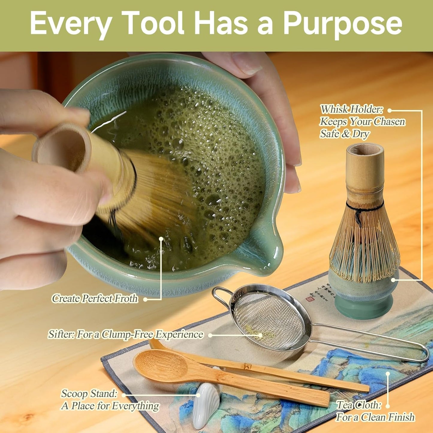 Matcha Whisk Set with Ceramic Bowl - Bamboo Whisk (Chasen), Scoop, Sifter & Holder - Complete Kit for Traditional Matcha Tea - Unique Gifts for Women, Men, Tea Lovers (Green)