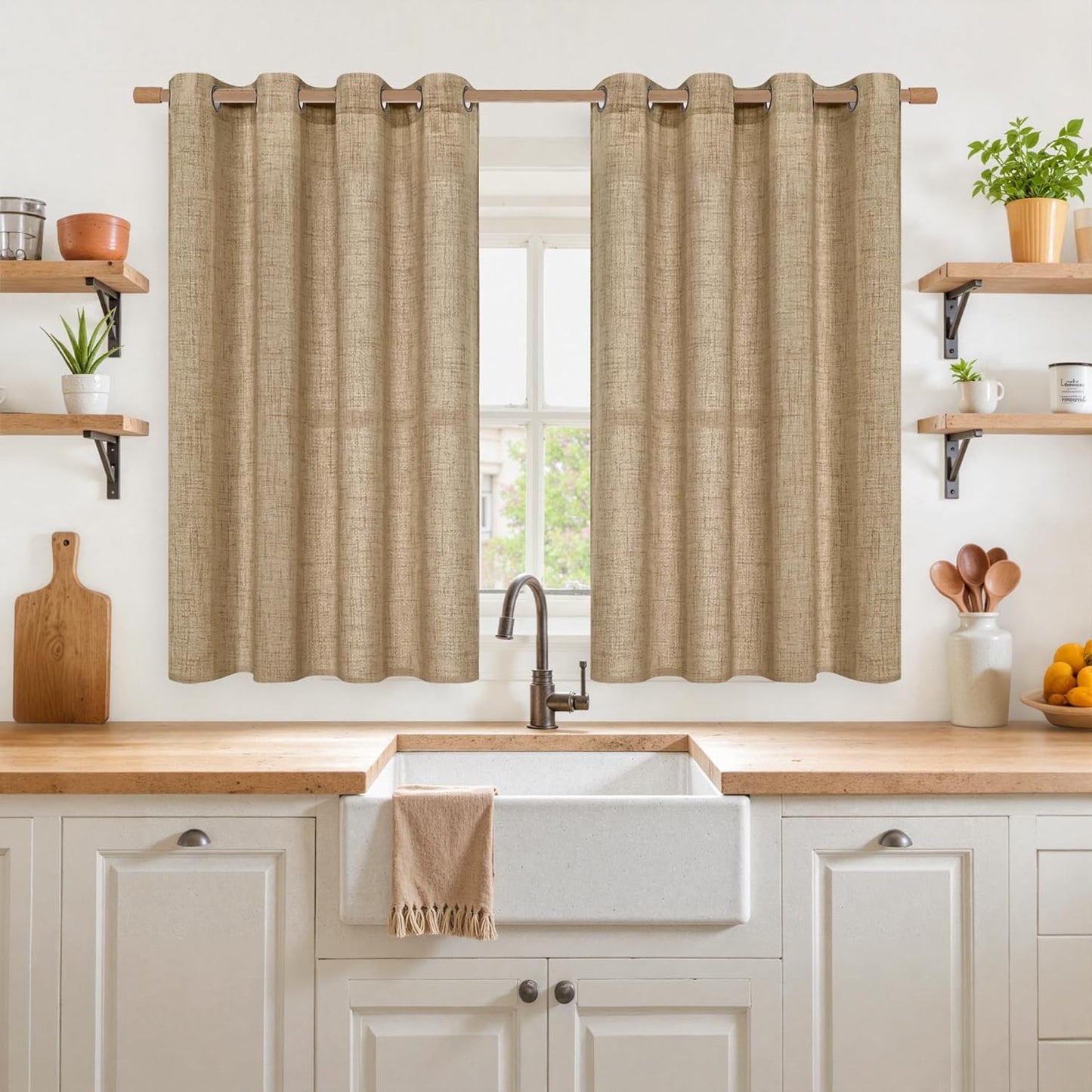 YoungsTex Burlap Linen Curtains 45 Inch Length for Kitchen Window, Short Semi Sheer Drapes with Bronze Grommet Light Filtering for Bedroom Bathroom Cafe, Toffee, 2 Panels, 52 X 45 Inch