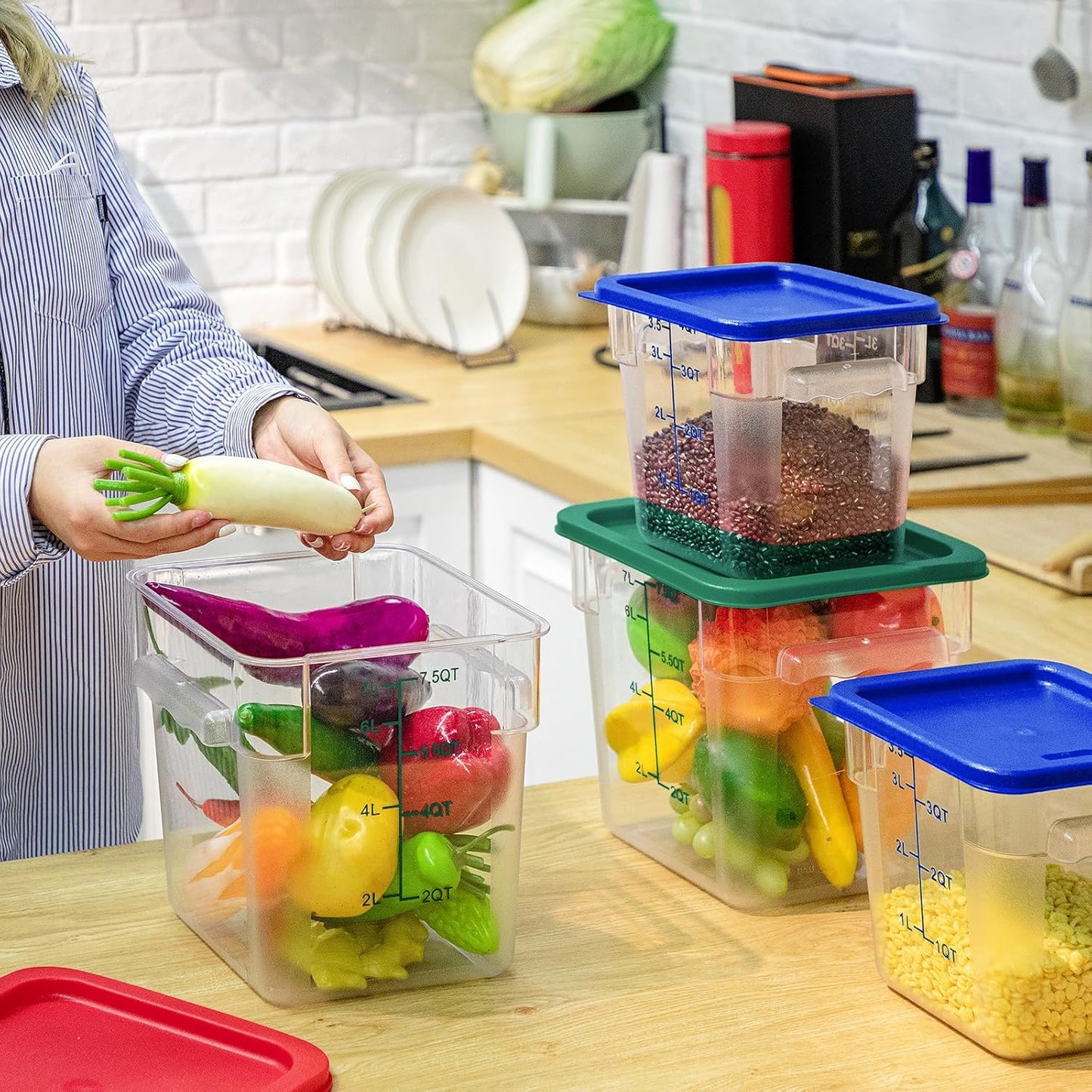 Lallisa 4 Pcs 8 Qt and 4 Qt Clear Food Storage Containers with Lids, Handles and Scales, Commercial Grade Square Containers Polycarbonate Air Tight for Home Storage Kitchen Restaurant(Blue, Green)