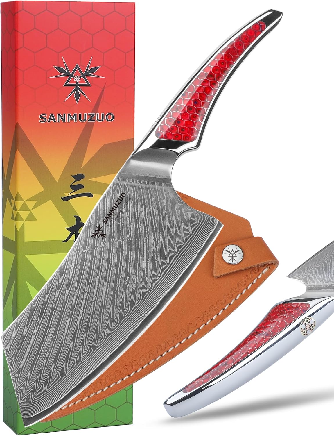 7 inch Nakiri Knife, Japanese VG-10 Damascus Steel Meat Cleaver, Ultra Sharp Vegetable Knife with Full-tang Handle in Red Resin, LA-S9 Series