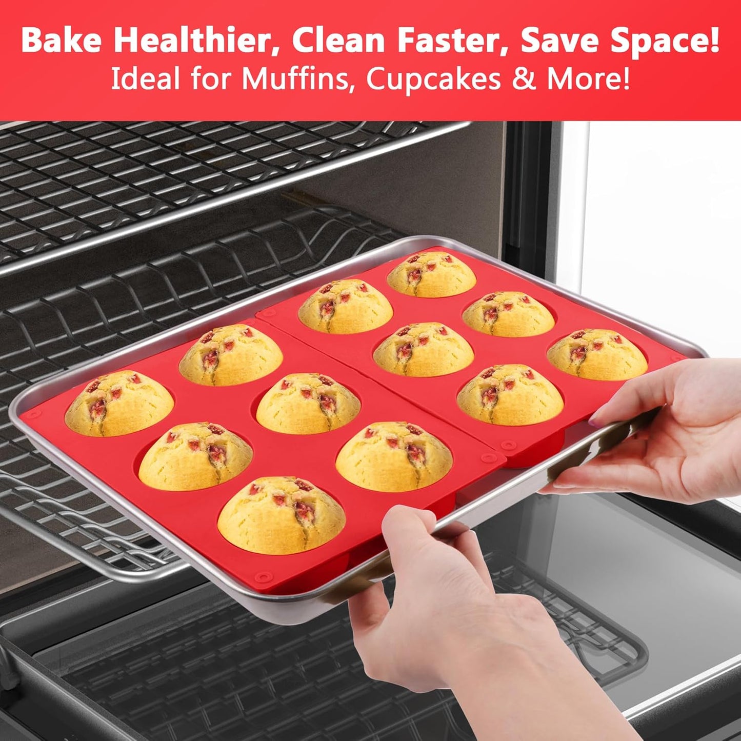 3-Pack Jumbo 6-Cup Silicone Muffin Pan - Non-Stick Baking Mold for Cupcakes, Muffin Cupcake Pans Molds for Baking, Cornbread, Eggs - Red
