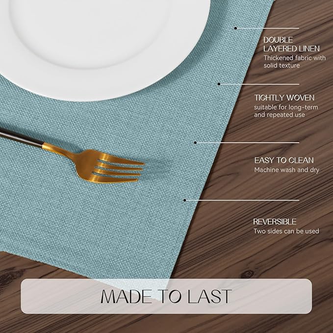 Romanstile Cloth Placemats Set of 6-12 x 18 Inch, Heat Resistant Double Layered Thickened Burlap Place Mats, Washable Linen Farmhouse Table Mats for Kitchen/Dining/Party/Outdoor, Teal