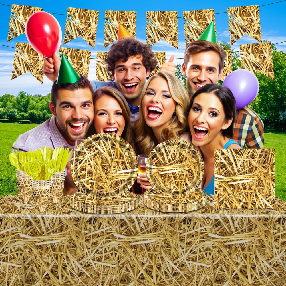 142 Pcs Straw Party Decorations Western Party Decorations Disposable Tableware Set Plates Napkins Cups Serves 20