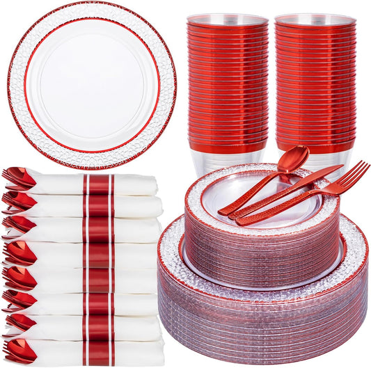 Ciaell 350 PCS Clear and Red Plastic Plates – Red Dinnerware Set for 50 Guests Include 100 Plastic Plates, 50 Pre Rolled Napkins with Cutlery Set, 50 Cups for Wedding & Party & Anniversary & Christmas