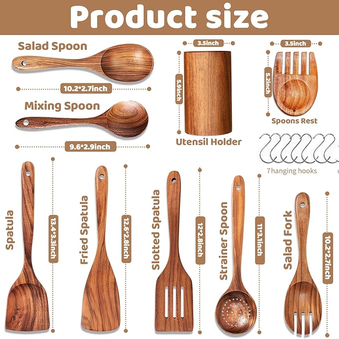 9 PCs Teak Wooden Utensil Set with Hooks, Wooden Spoons for Cooking, Wood Cooking Utensils Set, Comfort Grip, Non Stick Cookware, Easy to Clean, Kitchen Stuff, Wood Spatula
