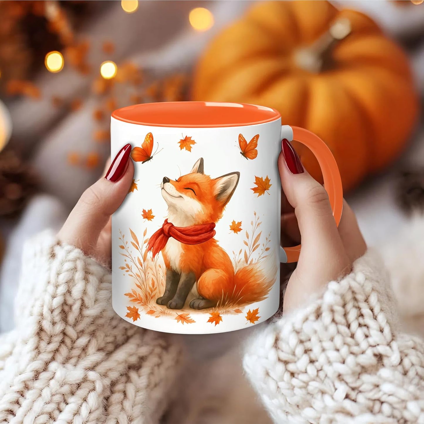 Hyturtle Fall Fox Coffee Mug And Keychain - Cute Fox Gift For Women - Autumn Animals For Lovers - Maple Leaf Animals Present For Her - Thanksgiving Decor - Coffee Cup Ceramic Mug 11 Oz