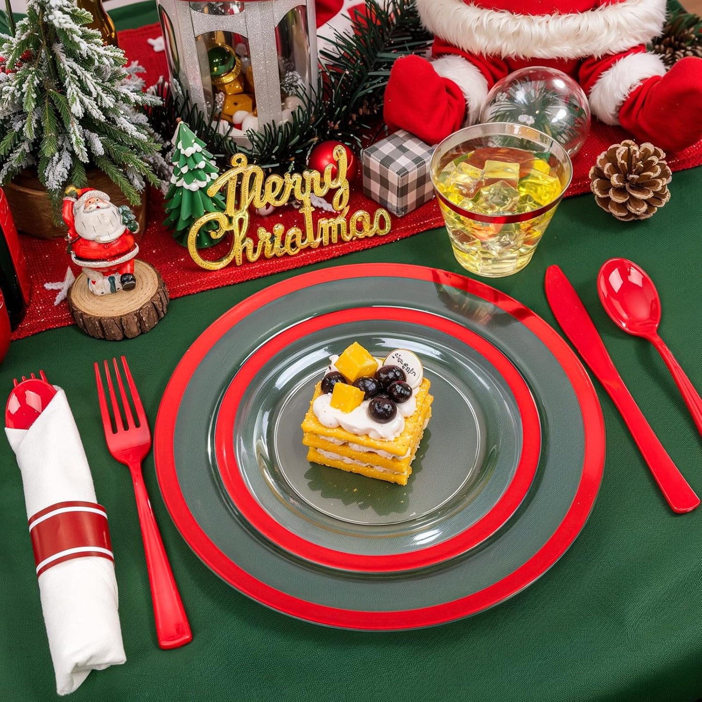 Liacere 350PCS Clear and Red Plastic New Year Plates and Napkins for 50Guests Plastic Dinnerware Set:100 Red Disposable Plates 50 Pre Rolled Napkins with Cutlery,50 Cups for Party＆Christmas