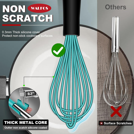 Walfos Silicone whisk,Whisks for Cooking Non Scratch, BPA Free whisk set of 4, 7+9+11in Balloon Whisks & 11in Flat Whisk, Heat Resistant(480°F).Great for Cooking in Pans, Baking, Whisking.Blue