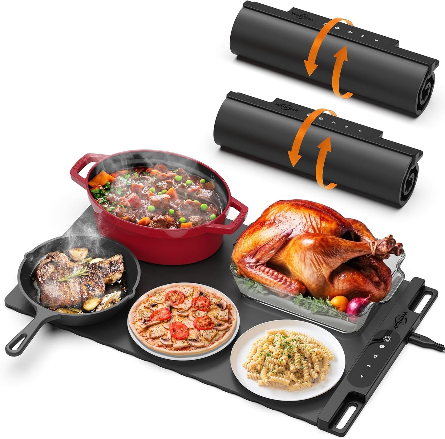 Electric Warming Mat for Food (2-Pack)- Full Surface Fast Heating Silicone Warmer Tray with 3-Level Temperature, Auto-Off, Raised Feet for Table Protection, for Gatherings, Parties, Home Buffet, Black