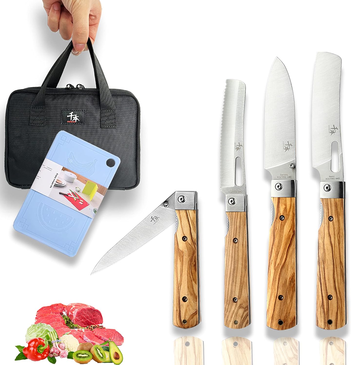 SENBON 440A stainless steel Gift wrapped 4 piece set sharp pocket folding Japanese chef knife universal peeling knife bread knife set portable kitchen knives with natural olive handle