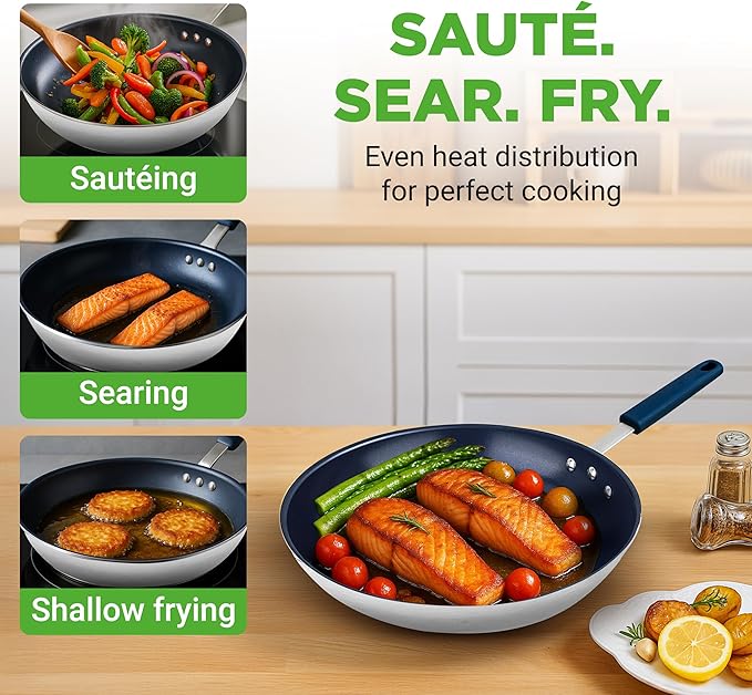 NutriChef 10" Medium Fry Pan - Medium Skillet Nonstick Frying Pan with Silicone Handle, Ceramic Coating, Blue Silicone Handle, Stain-Resistant And Easy To Clean, Professional Home Cookware