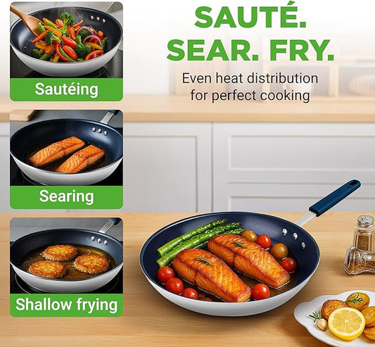 NutriChef 10" Medium Fry Pan - Medium Skillet Nonstick Frying Pan with Silicone Handle, Ceramic Coating, Blue Silicone Handle, Stain-Resistant And Easy To Clean, Professional Home Cookware