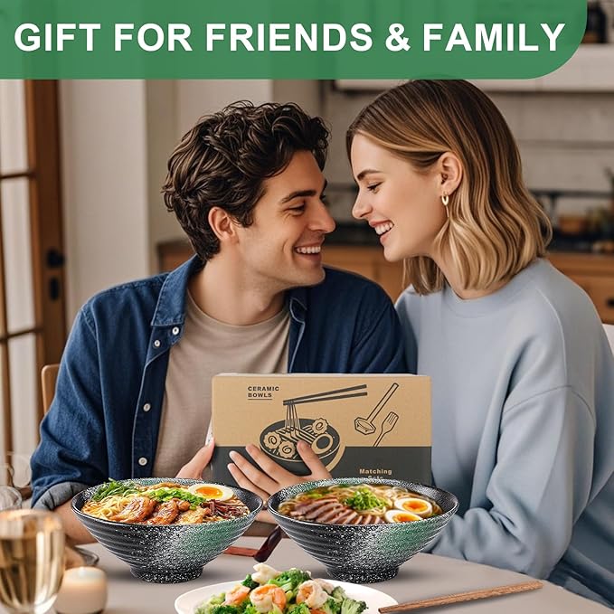 8-Inch Ceramic Ramen Bowl Set of 2 (9 Piece) - Porcelain Japanese Salad Noodles Cereal Fruit Pasta Soup Large Bowls with Recipes Chopsticks Forks Spoons for Men Women Gift Microwave & Dishwasher Safe