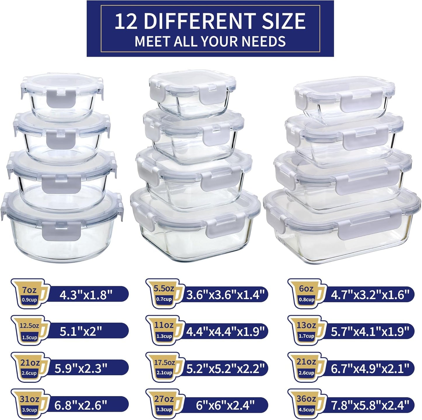 MFY 12-Pack Glass Storage Containers with Lids, Glass Meal Prep Containers Set, Airtight Lunch Containers with Lids, Microwave, Oven, Freezer and Dishwasher Safe, White