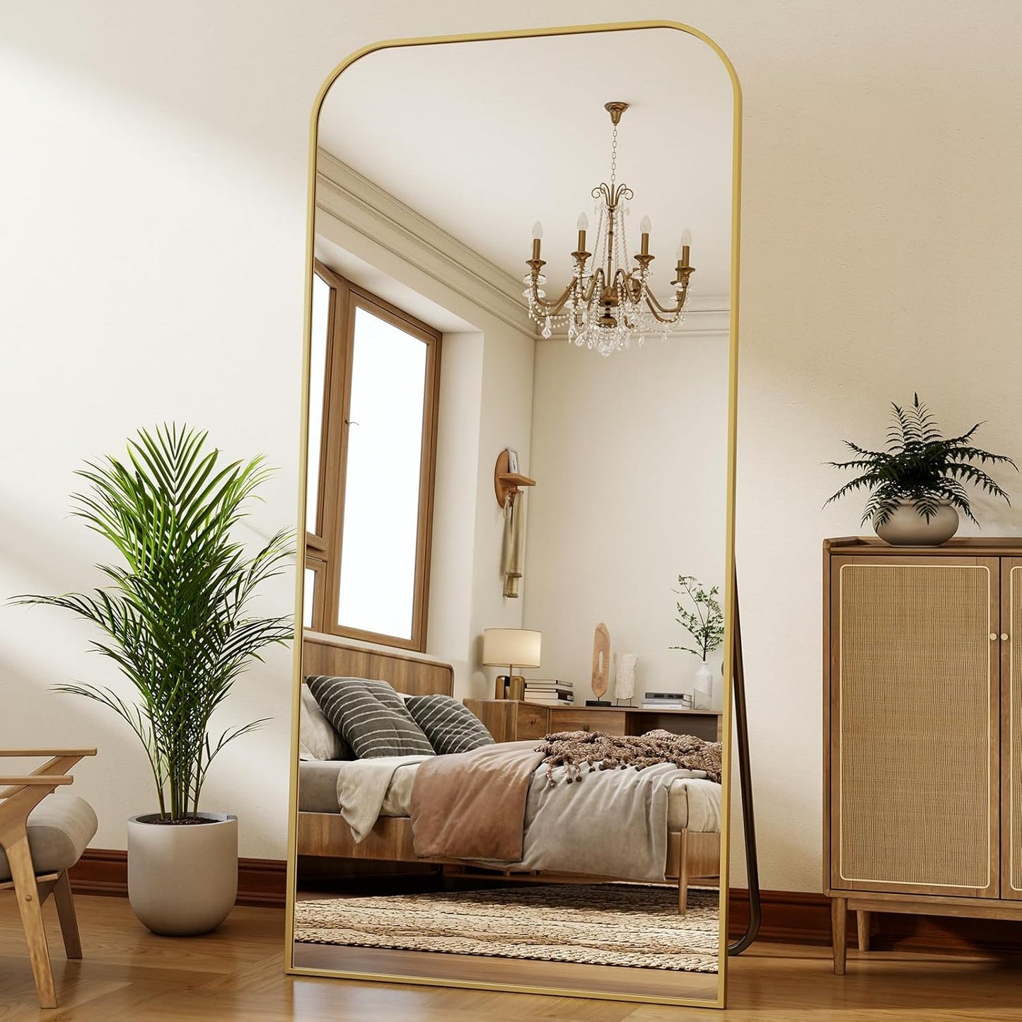 77x38 Inch Floor Length Mirror with Stand, Full Length Standing Mirror for Bedroom, Full Body Tall Mirrors with Modern Aluminum Alloy Frame in Gold, Home Decor