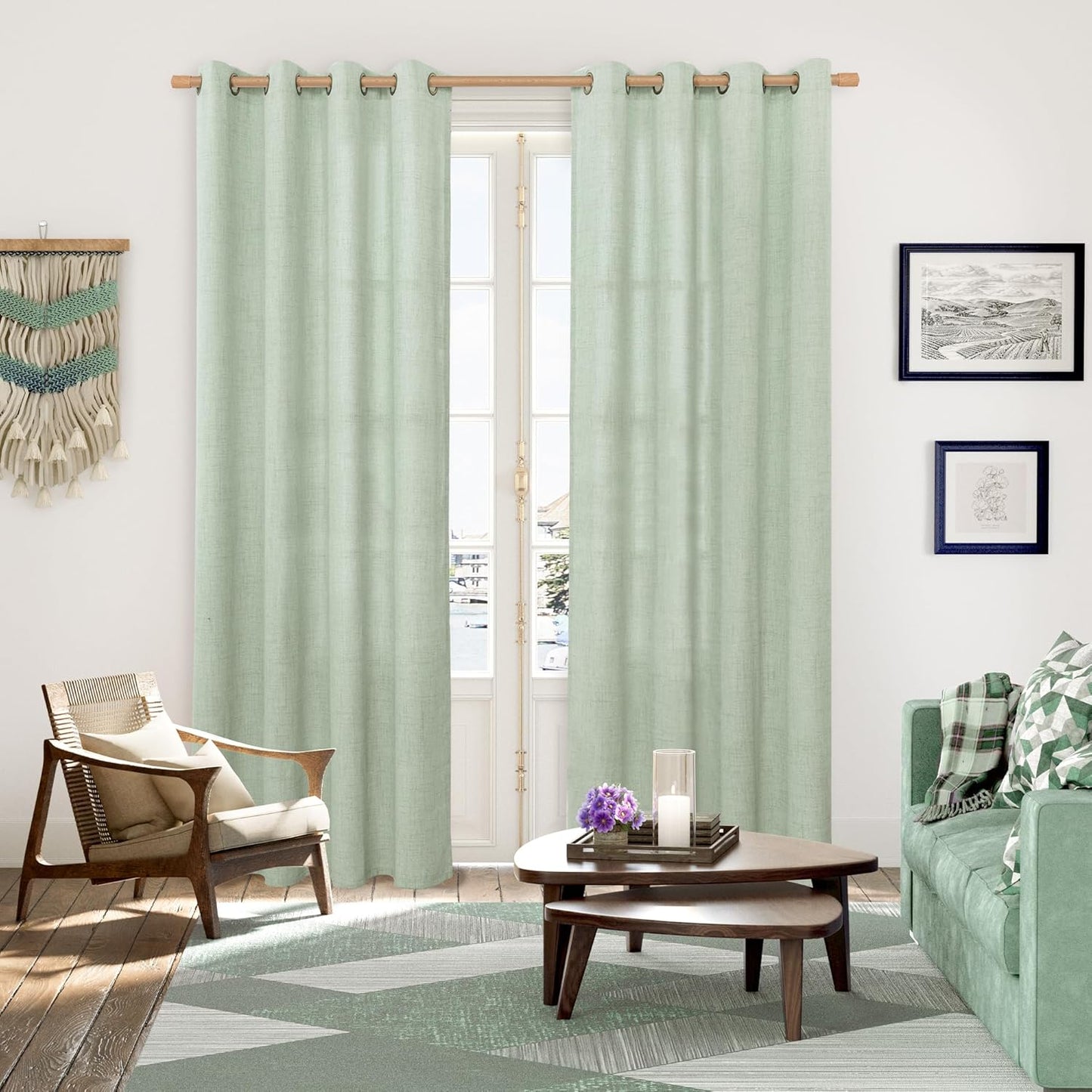 YoungsTex Sage Green Linen Curtains 80 Inches Long for Living Room, Bronze Grommet Textured Semi Sheer Drapes Privacy Light Filtering Window Treatments for Bedroom Dining, 52 x 80 Inch, 2 Panels