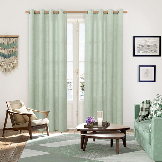 YoungsTex Sage Green Linen Curtains 90 Inches Long for Living Room, Boho Semi Sheer Drapes with Bronze Grommet Privacy Light Filtering Window Treatments for Bedroom Dining, 52 x 90 Inch, 2 Panels
