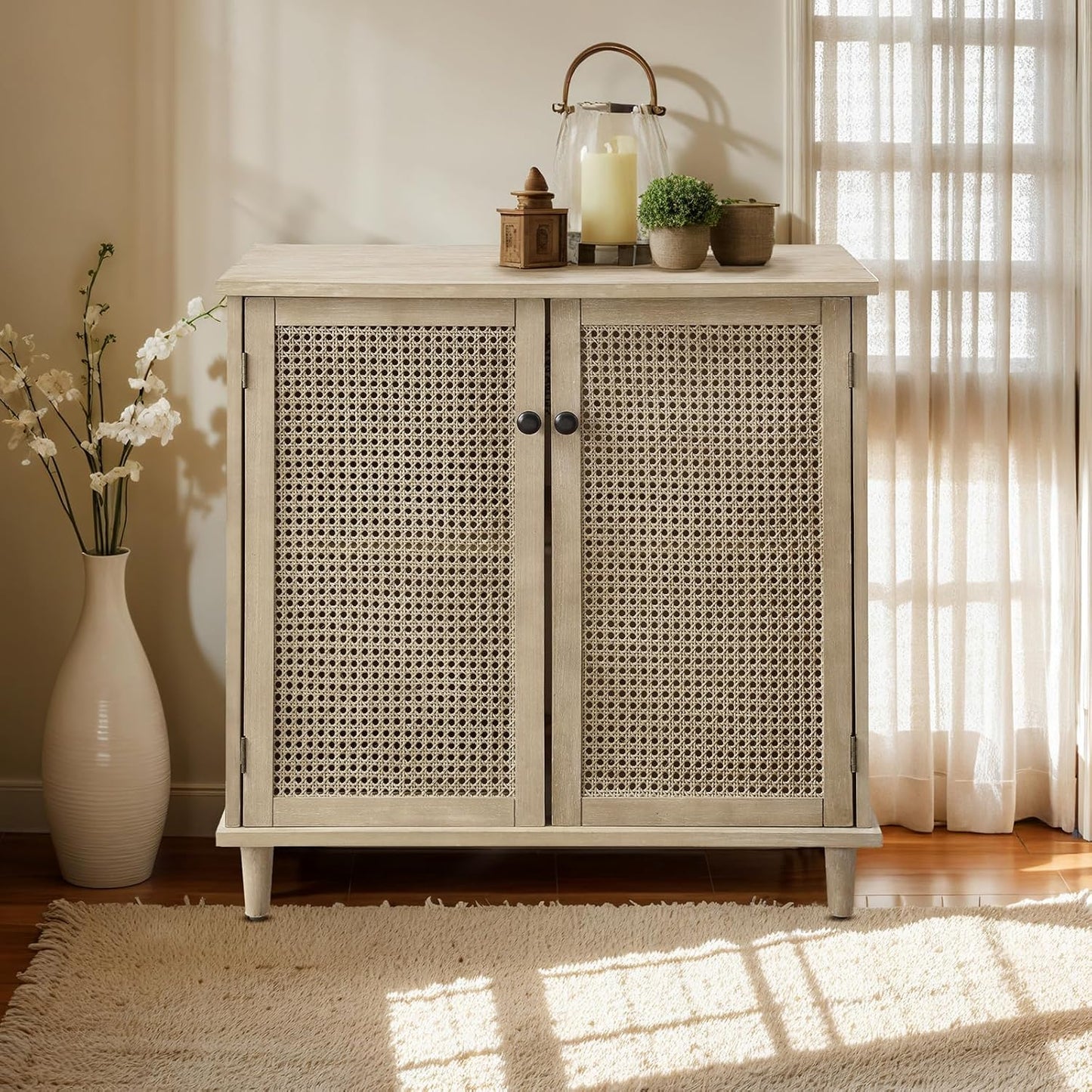 Sideboard Buffet Cabinet, Rattan Storage Cabinet with 2 Doors and Removable Shelf, Farmhouse Decor for Living Room, Entryway, Hallway, Kitchen, Dining Room