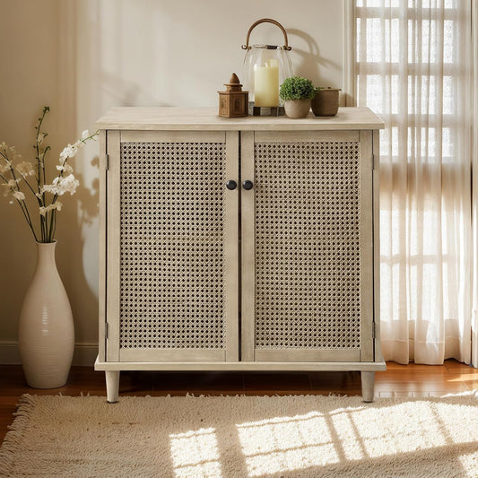 Sideboard Buffet Cabinet, Rattan Storage Cabinet with 2 Doors and Removable Shelf, Farmhouse Decor for Living Room, Entryway, Hallway, Kitchen, Dining Room