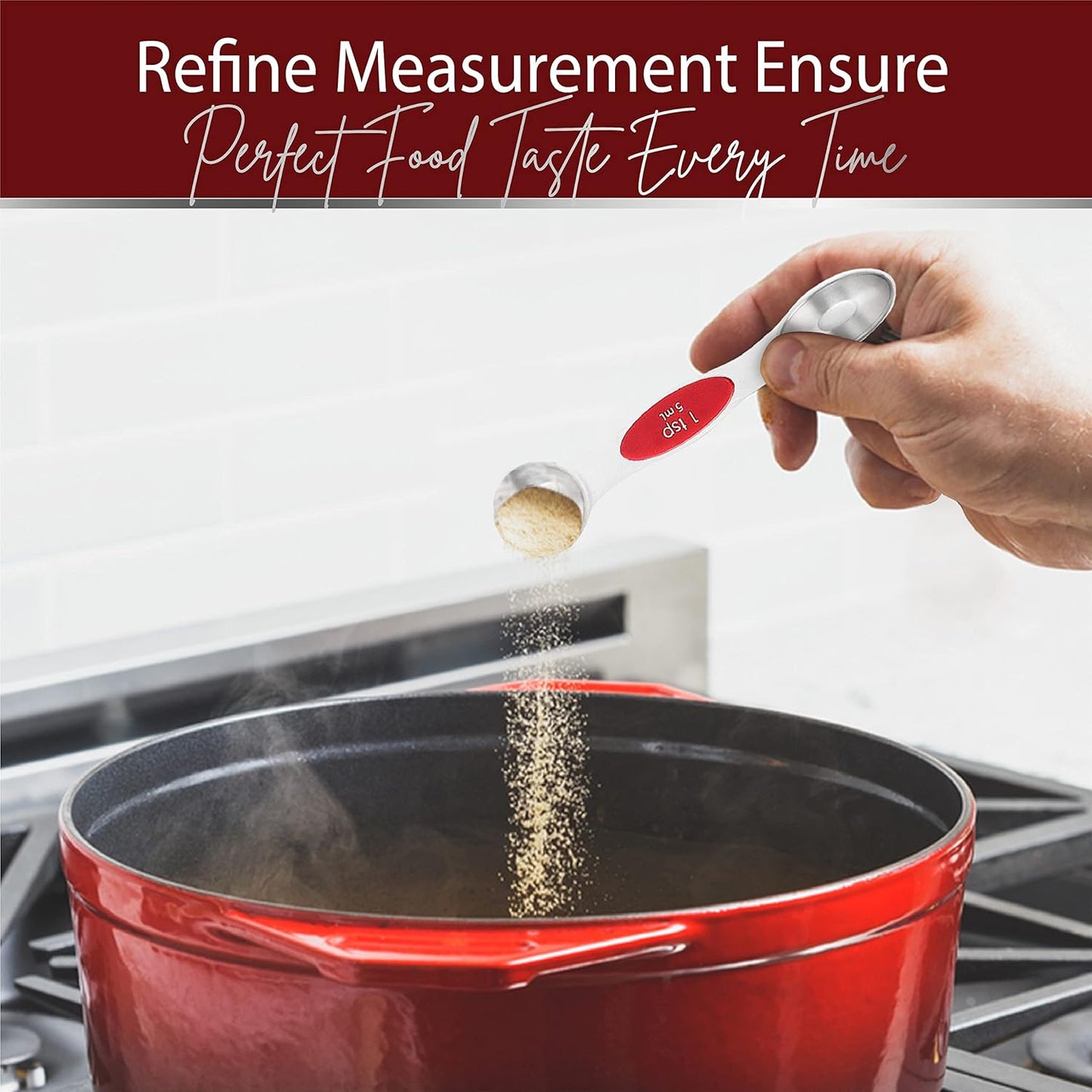 Magnetic Measuring Spoons Set of 9 Stainless Steel Dual-Sided Stackable Measuring Spoon Nesting Teaspoons Measuring Dry and Liquid Ingredients, Fits in Spice Jars Set of 9 (Red)