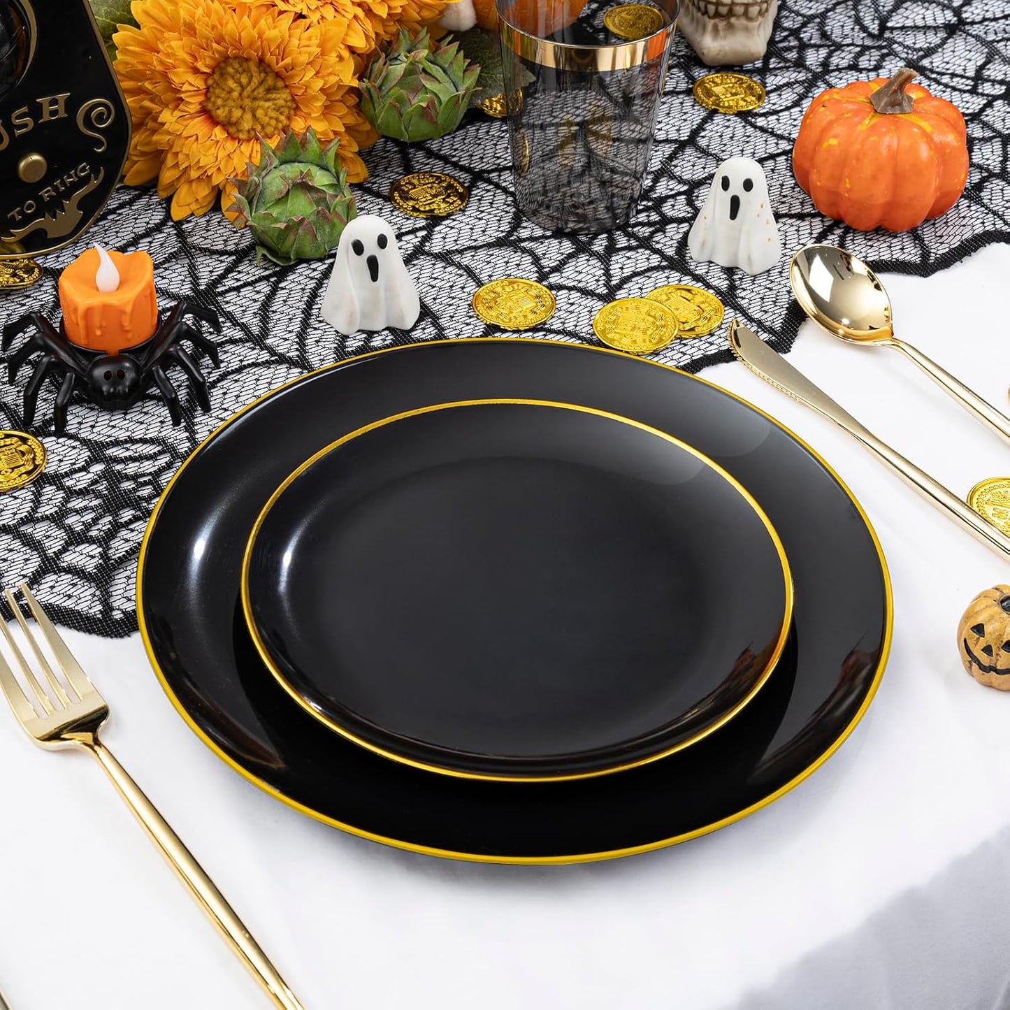 EI 180pcs Black Plastic Plates Black and Gold Disposable Plates Gold Plastic Dinnerware Set Silverware and Cups for Birthday,Wedding,Festival,Party Graduation,Halloween