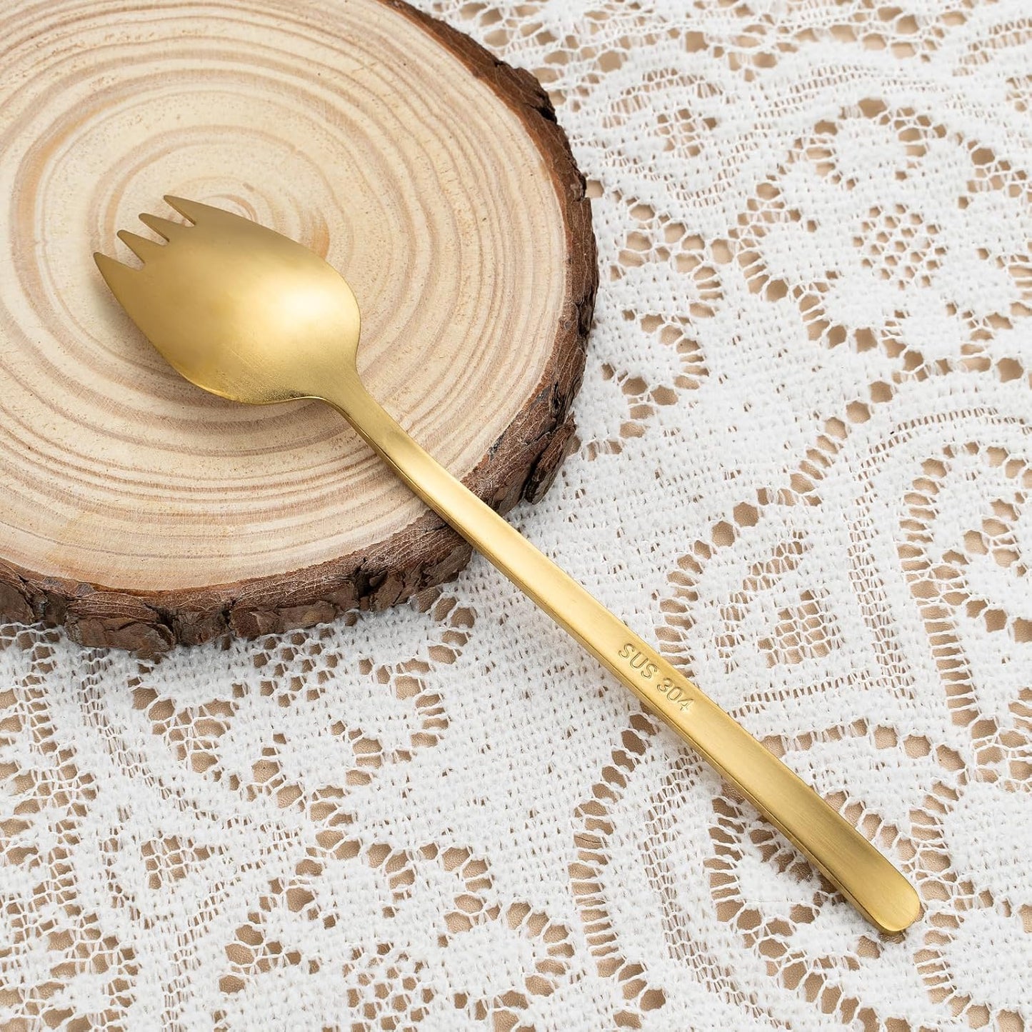 8-Piece Gold Salad Serving Set - 11.4 inch Stainless Steel Spoon & Fork with 6 Salad Forks, Titanium Plating, Dishwasher Safe for Entertaining, Parties