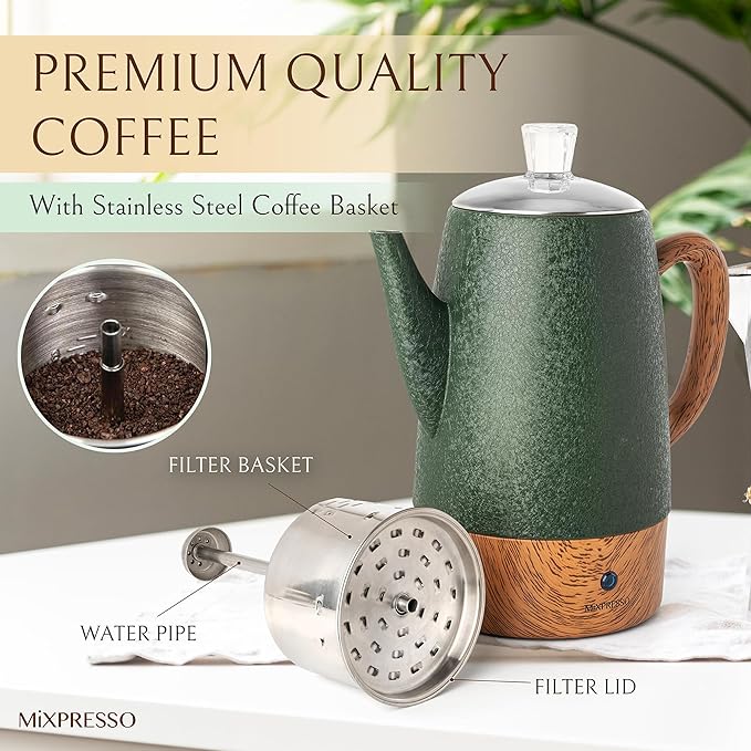 Mixpresso 10 Cup Percolator Coffee Pot Electric, Stainless Steel Coffee Percolator Electric With Keep Warm Function, Classic Perculator Pot With Removable Basket for Home or Office - Shiny Green