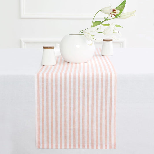Solino Home Striped Linen Table Runner 48 Inches - Amalfi Stripe, 100% Pure Linen Coral and White Small Table Runner 14 x 48 Inch Ideal for Dresser and Coffee Tables