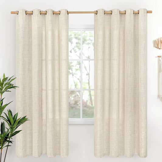 YoungsTex Linen Curtains 72 Inches Long for Living Room 2 Panels, Cream Semi Sheer Drapes with Bronze Grommet Light Filtering Rustic Window Treatments for Bedroom Dining Room, 52 x 72 Inch, 2 Panels