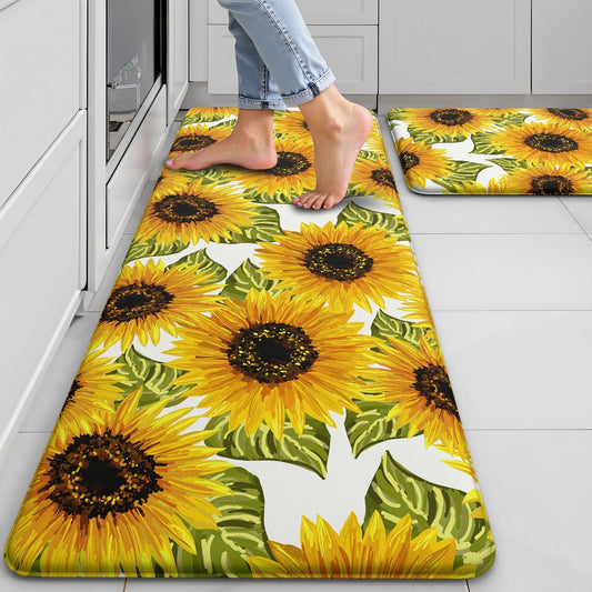 Sunflower Kitchen Mats for Floor Set of 2 - Anti Fatigue Mats for Kitchen Floor, Cushioned Non-Skid Washable Memory Foam Rug for Office, Sink, Laundry (17.3"×29"+17.3"×47"-0.47")