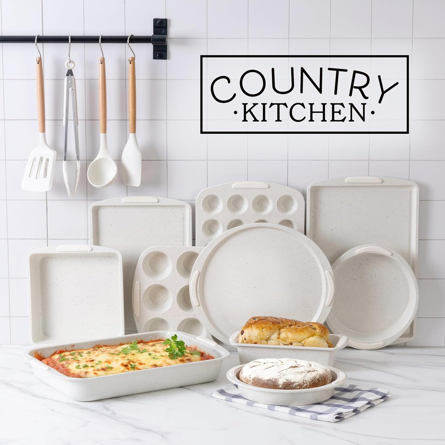 Country Kitchen Nonstick Stackable Bakeware Set - Durable, Easy Release Baking Set, Cream, 14 Pcs