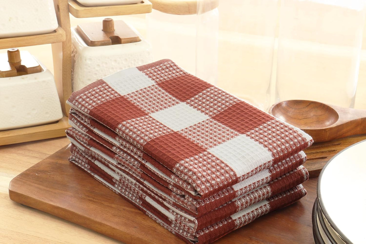 PurpleEssences Rust 100% Cotton Waffle Weave Check Plaid Kitchen Towels, Super Soft and Absorbent Dish Towels for Drying Dishes 15 x 25-4 Pack - Fall Thanksgiving - Rust and White