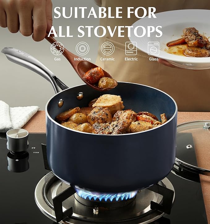 KOCH SYSTEME CS Nonstick Sauce Pan with Lid, 1 Quart Saucepan with Lid, 1 QT Nonstick Ceramic Small Sauce Pan with Stainless Steel Handle, Non-Toxic Ceramic Saucepan, Oven Safe, Gradient Blue