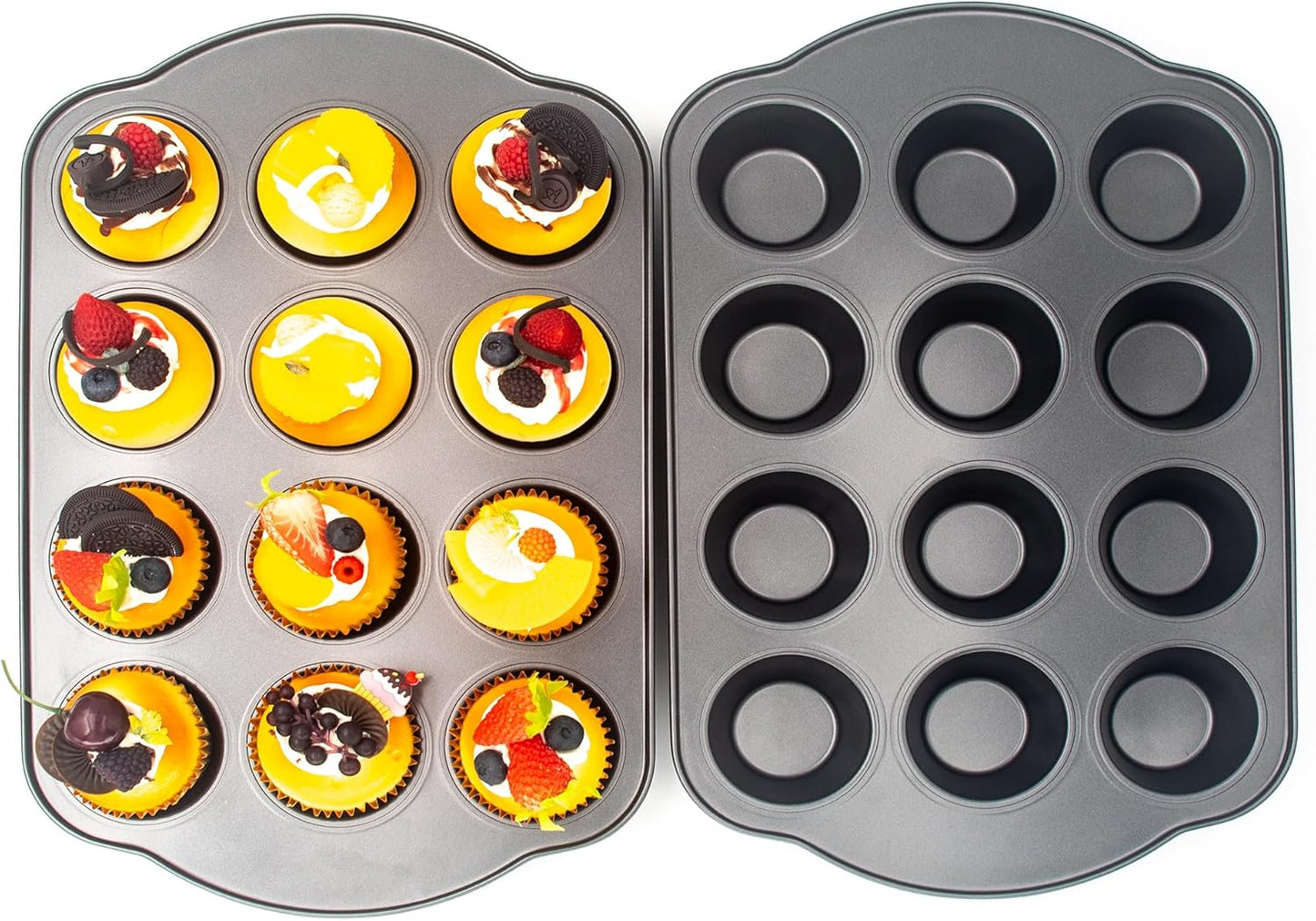 Non-Stick Standard Muffin Pans, 2.95" 12-Cup Set of 2 Baking Pans, Heavy Duty Carbon Steel Tins for Standard Muffins & Cupcakes