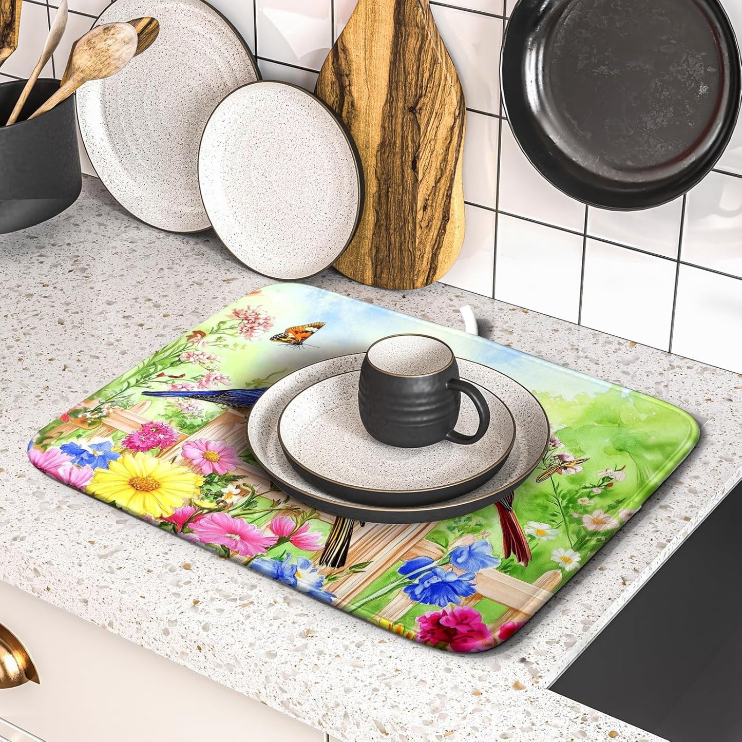 Spring Birds Dish Drying Mats 16x18 Inch,Colorful Flowers Butterfly Absorbent Microfiber Dishes Drainer Rack Mat Tableware Drying Pad for Kitchen Countertop Coffee Bar Sink Decor