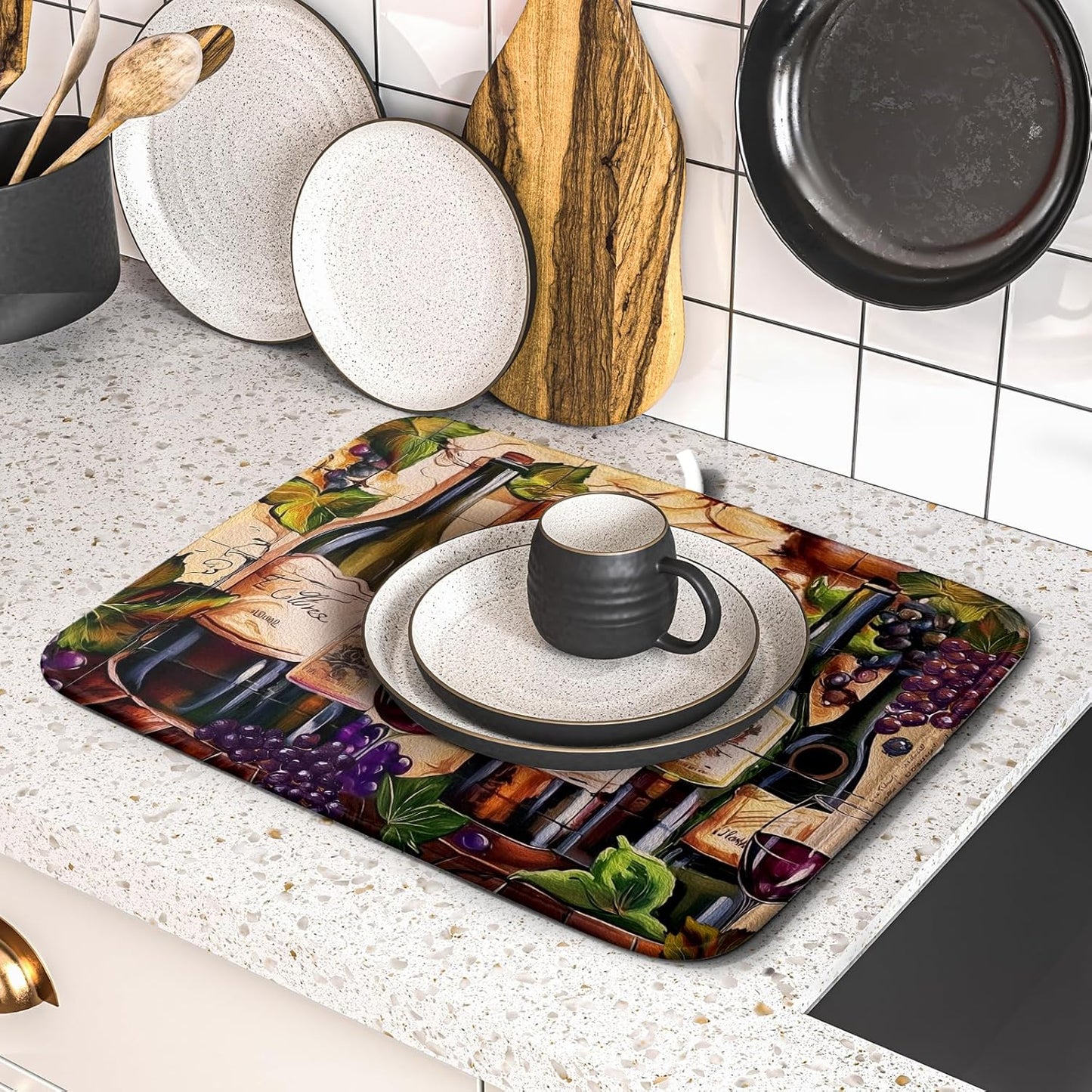 Wine Dish Drying Mat for Kitchen Counter Vintage Wine Glasses Dish Drainer Mats Absorbent Microfiber Dishes Pad Reusable Washable Large Dish Draining Mat 16x18 Inch