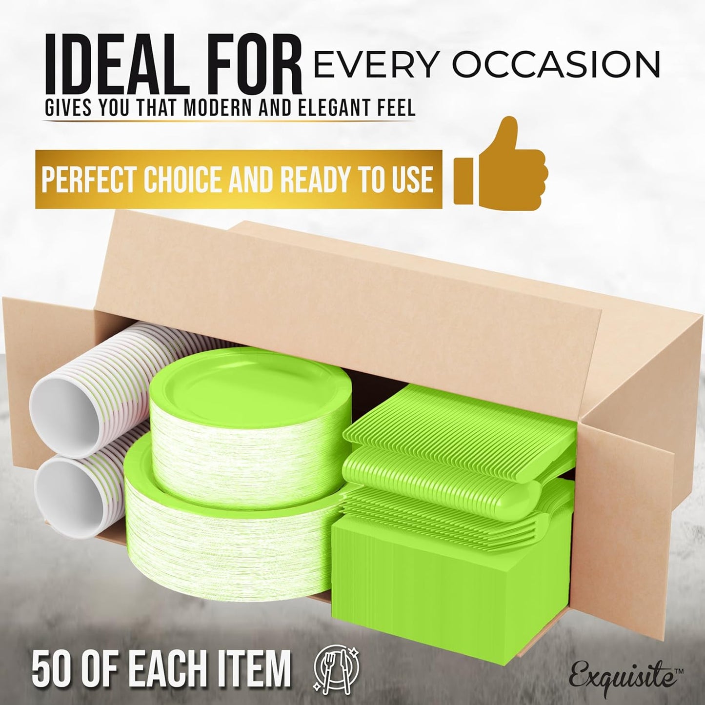 Exquisite 350 Pcs Lime Paper Plates For Party, Lime Disposable Plates Set, 50 Of Each 9" Dinner Plate Set, 7" Dessert Plate, Cups, Napkins & Cutlery Paper Dinnerware