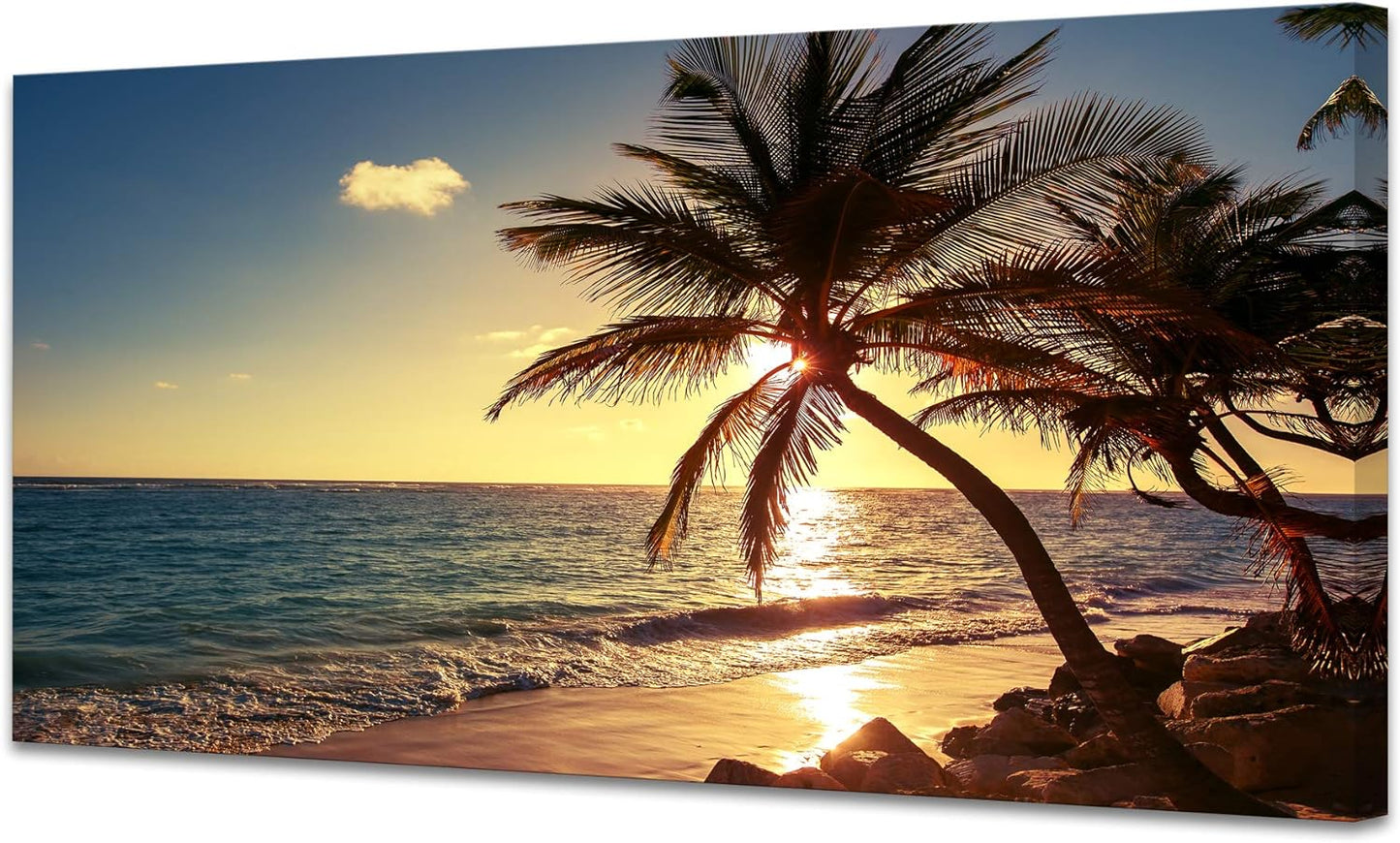Muolunna S04962 Wall Art Decor Large Canvas Print Picture Sunset Ocean Beach Waves 1 Panel Coconut tree Scenery Painting Artwork for Office Home Decoration Stretched and Framed Ready to Hang XLarge