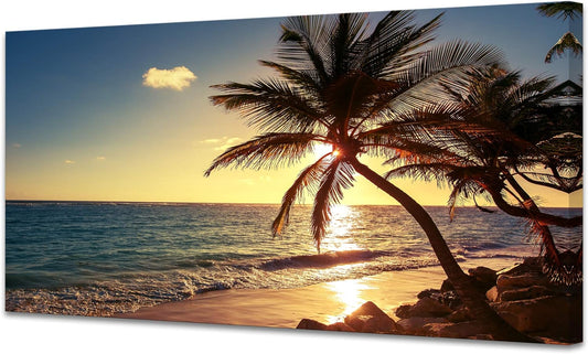 Muolunna S04962 Wall Art Decor Large Canvas Print Picture Sunset Ocean Beach Waves 1 Panel Coconut tree Scenery Painting Artwork for Office Home Decoration Stretched and Framed Ready to Hang XLarge