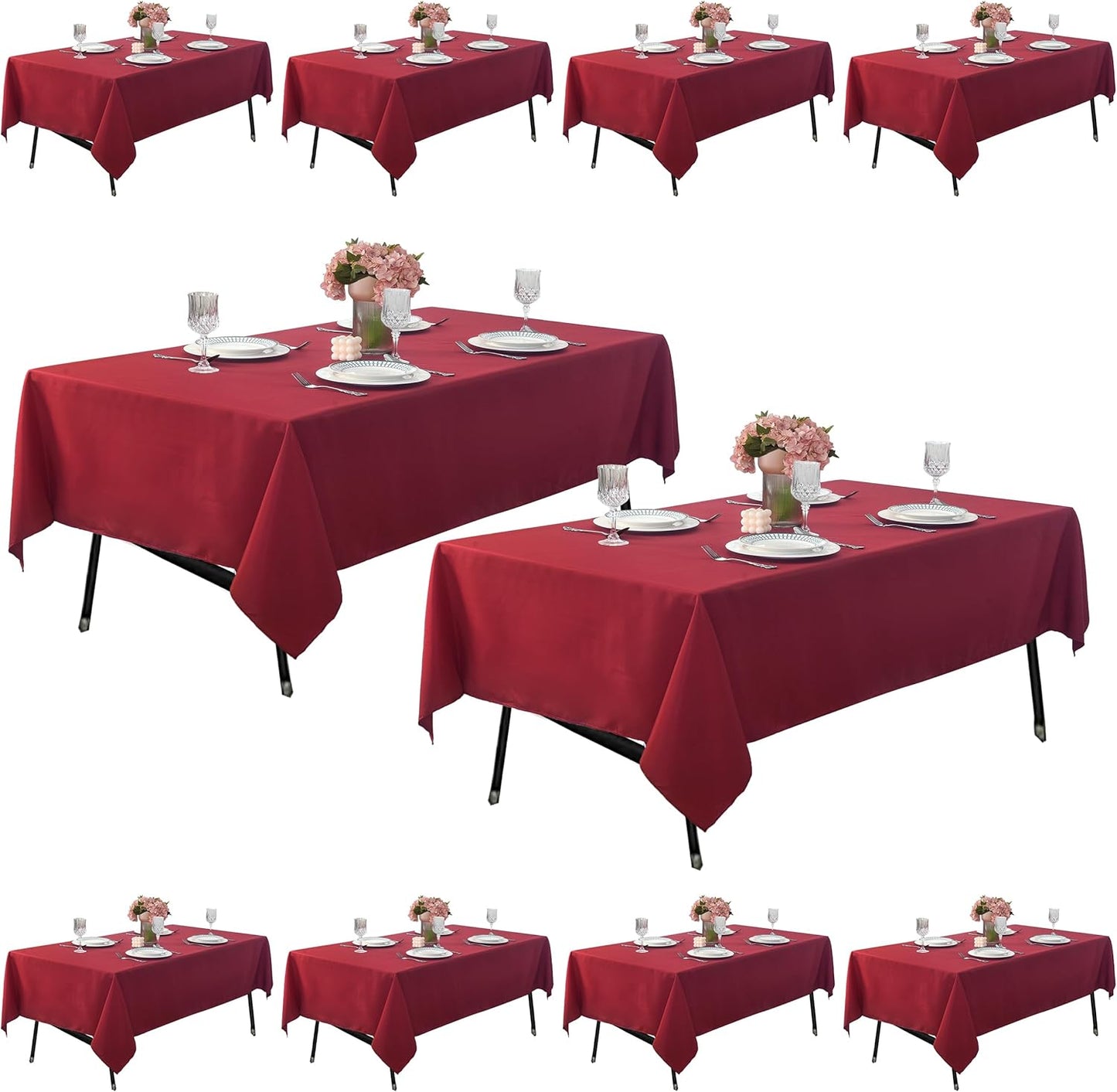 10-Pack 60x102 inch Burgundy Table Cloths, Solid Stain and Wrinkle Resistant Oblong Tablecloth, Premium Plain Weave Polyester Fabric Rectangle Table Linen Covers for Hotel, Wedding