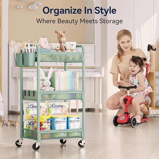 YASONIC 3 Tier Rolling Cart – Metal Utility Storage Carts with Wheels, Craft Carts Organizer with Hanging Cups, Hooks, Mesh Basket for Bedside Kitchen Office Art, Green