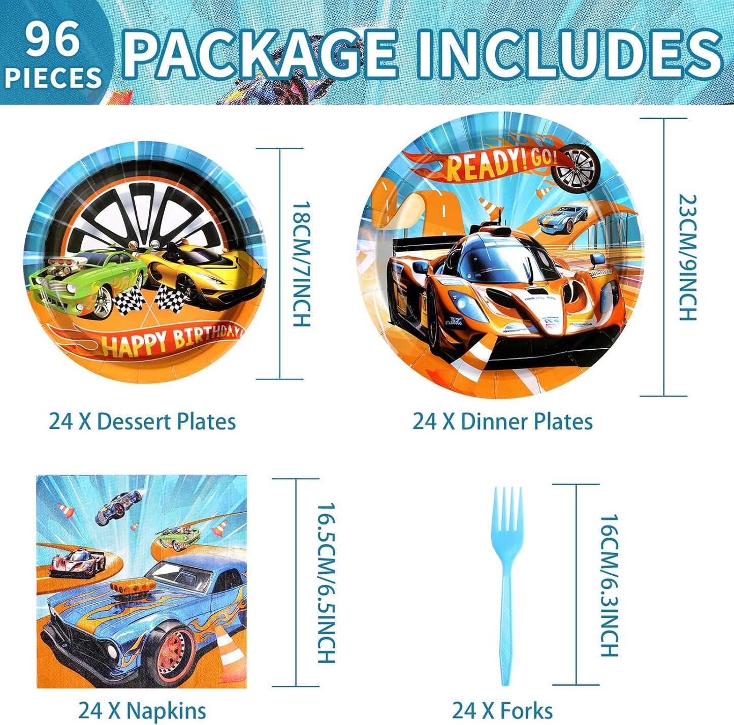 96 Pcs Racing Car Party Supplies Hot Car Tableware Set Disposable Racing Car Plates Napkins Forks Hot Car Birthday Decorations for Kids Boys Birthday Party Race Sports Serves 24