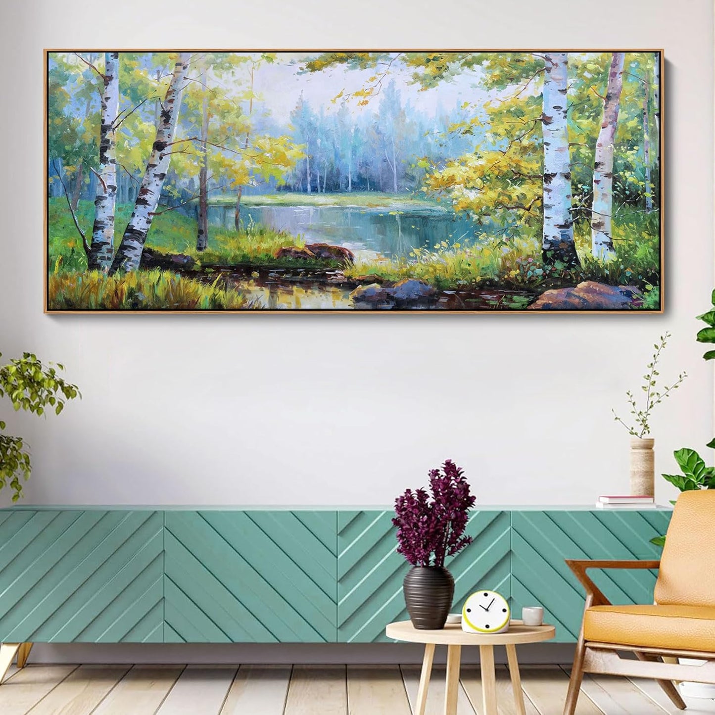 YCPRIMER Extra Large Forest Wall Art Green Trees Picture for Living Room Birch Tree Painting for Living Room Bedroom Decoration Landscape Canvas Wall Decor Framed Artwork Size 70×31inchs