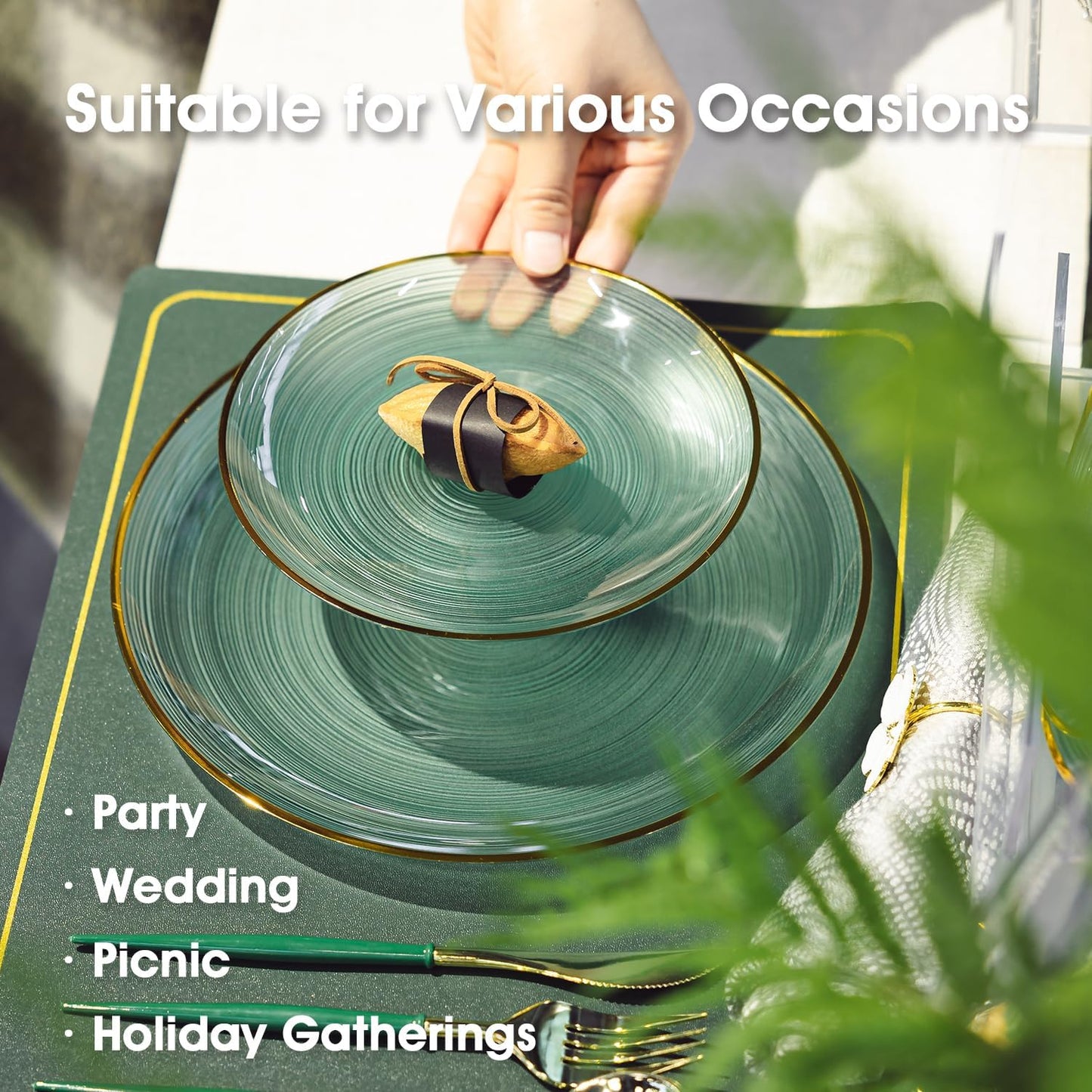 100PCS Green Plastic Plates-Crystal Design Green Disposable Plates with Gold Rim, Fancy Disposable Plates Include 50 Dinner Plates, 50 Dessert/Salad Plates for Party & Christmas