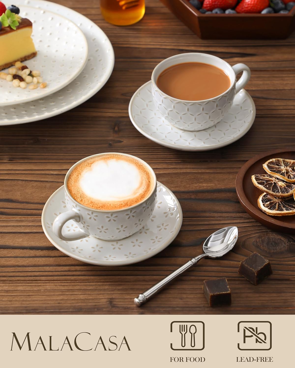 MALACASA 8 OZ Cappuccino Cups with Saucers Set of 4 - Stackable Espresso and Tea Cups, Dishwasher Safe White Ceramic Coffee Mugs for Latte, Cappuccino and Americano