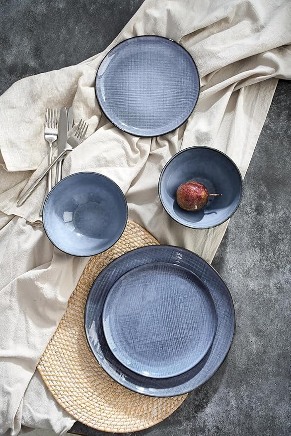 Famiware Moonlight Plates and Bowls Sets, 12 Pieces Stoneware Dinnerware Sets with Linen Finish, Handmade Dishware Set for 4, Microwave and Dishwasher Safe, Chip and Scratch Resistant, Blue