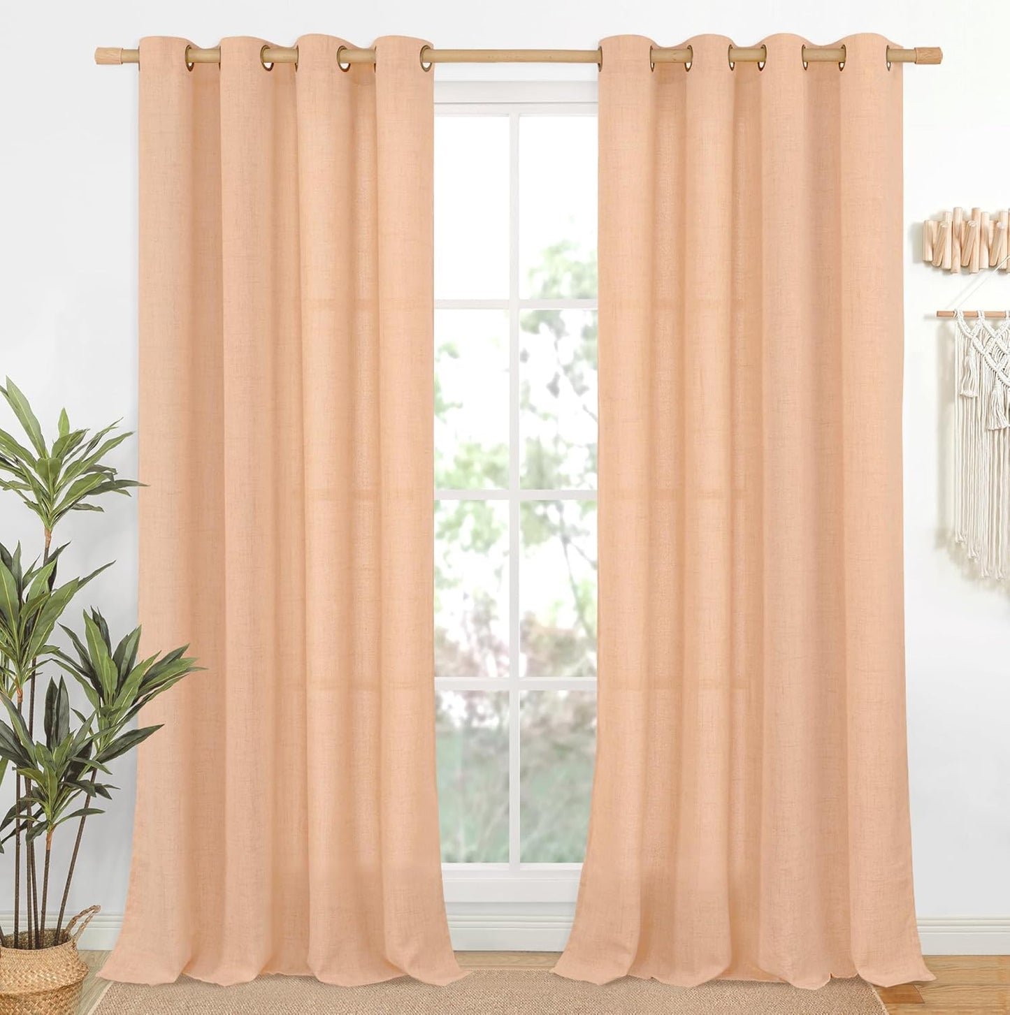 YoungsTex Peach Linen Semi Sheer Curtains 84 Inches Length 2 Panels for Bedroom, Light Filtering Drapes with Bronze Grommet Window Treatments for Dining Living Room, 52 x 84 Inch